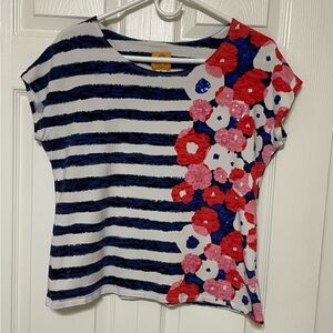 Ruby Rd. Blue and White Sequin Graphic Tee